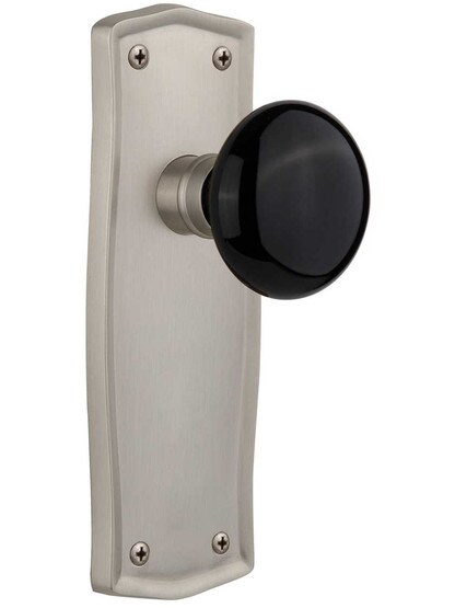 Prairie Door Set with Black Porcelain Knobs - No Keyhole in Satin Nickel .